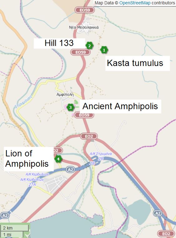 kasta tumulus and lion of amphipolis location map en